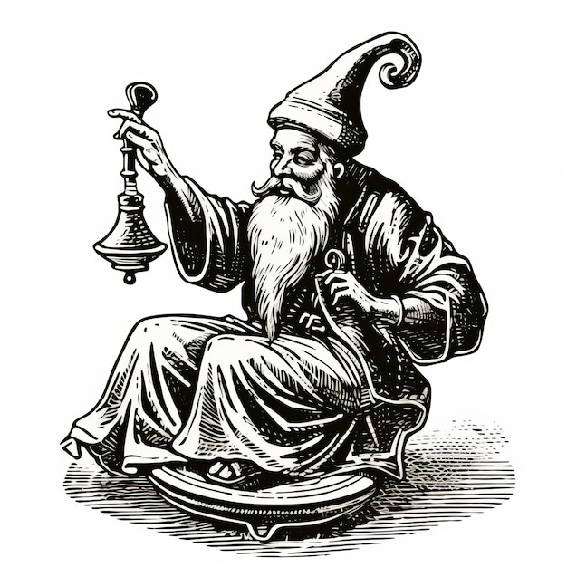 Foto ilustração vintage de um homem sábio carregando um sino no estilo wizardcore