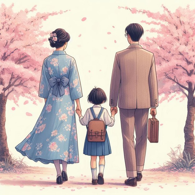 Ilustração vintage de uma família japonesa em fundo de flores de cerejeira
