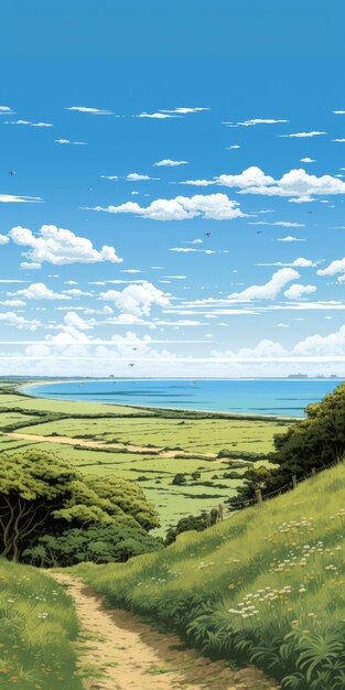 Ilustración 2d altamente detallada del hermoso paisaje costero en Bude Cornwall
