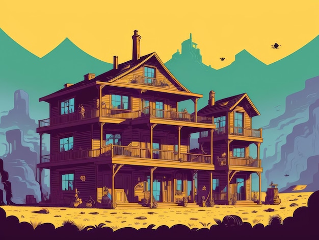 Ilustración 2D Una vieja casa en el desierto