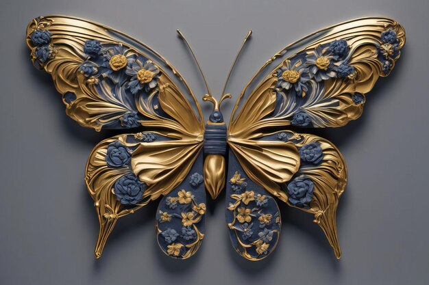 Ilustración 3 d de una mariposa de fantasía sobre un fondo azul.