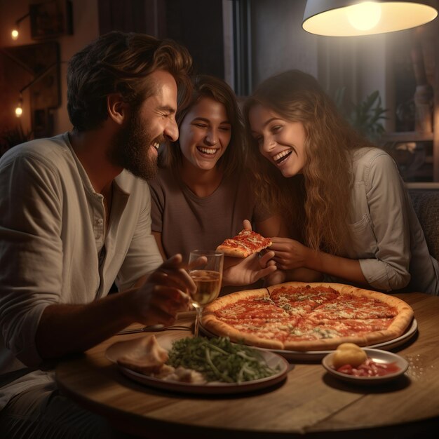 Foto ilustración de 3 personas sentadas juntas comiendo una deliciosa pizza