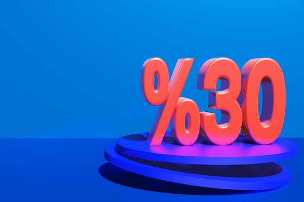 Ilustración del 30 por ciento de descuento en ilustración 3D color rojo con fondo azul y espacio de copia