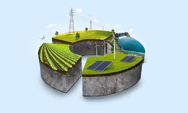 Ilustración 3d 3 piezas de forma redonda de paisaje con presa de agua industrial de electricidad con energía solar