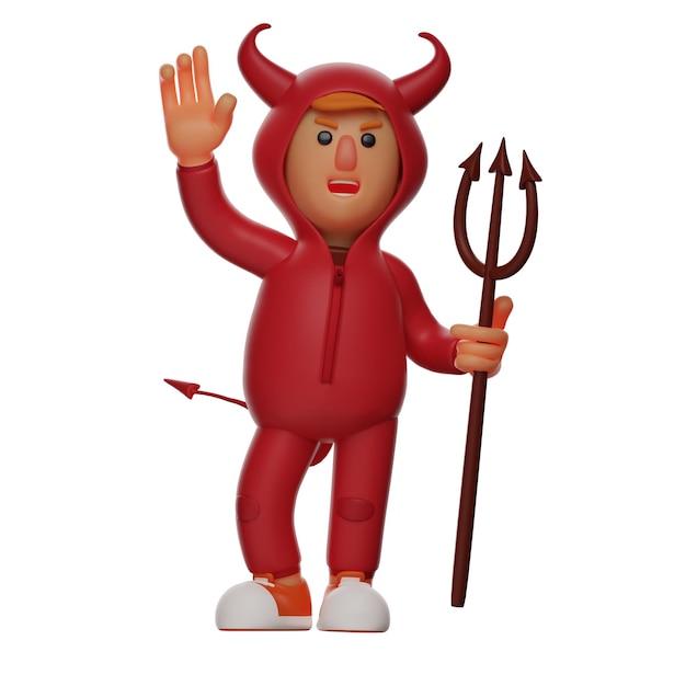 Ilustración 3D 3D Diablo Rojo Personaje de dibujos animados Agitando la mano llevando un bastón tridente mostrando