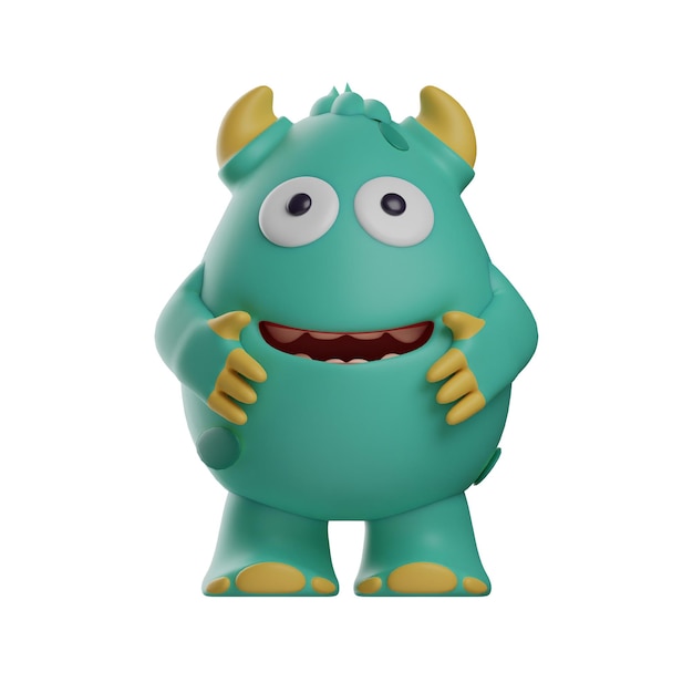 Ilustración 3D 3D El personaje de Cute Monster tiene una sonrisa incómoda la mano está en el estómago