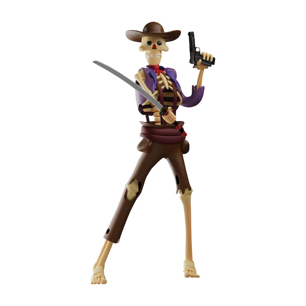 Ilustración 3D 3D Skull Cowboy Cartoon mostrando su espada y pistola mostrando una linda sonrisa