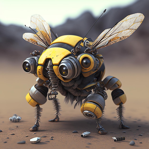 Ilustración 3D de una abeja robot mecánica negra y amarilla en una luz enmascarada