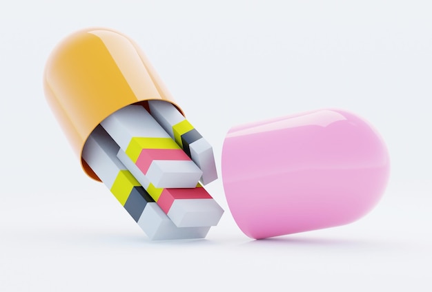 Ilustración 3d abstracta de cajas de medicamentos entre las dos mitades de color de una cápsula de medicamento en l