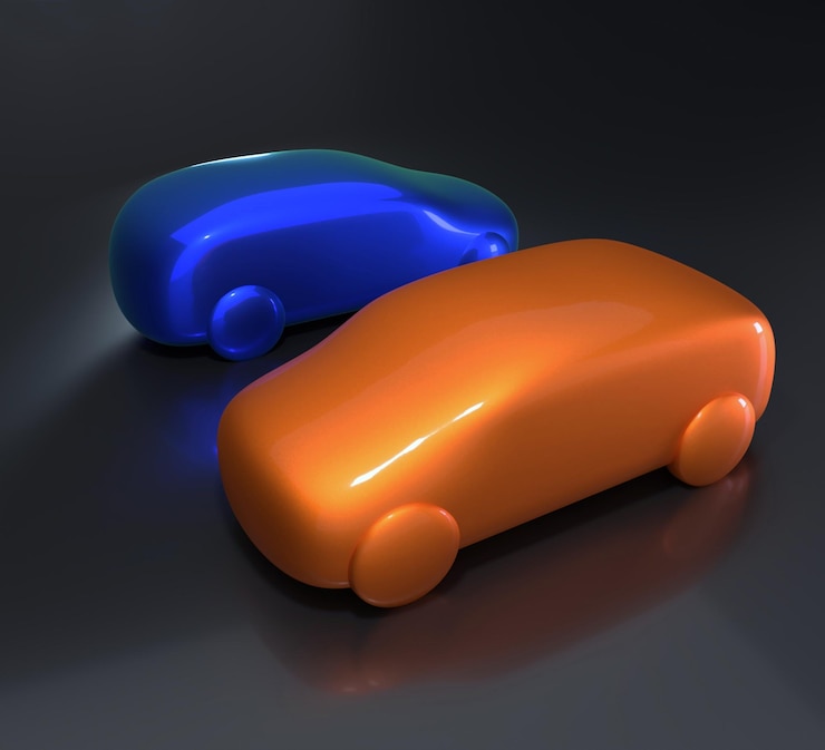 Foto ilustración 3d abstracta de coches de juguete azules y naranjas brillantes en la superficie azul oscuro con reflejos en