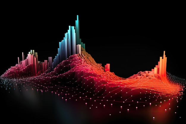 Ilustración 3d abstracta del ecualizador sobre fondo negro con partículas Puntos de onda de datos abstractos Combinación de gráficos 3D generados por IA