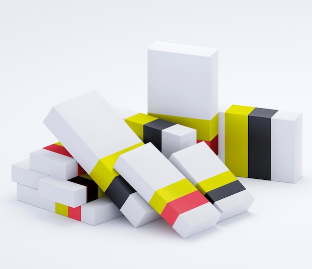 ilustración 3d abstracta de un grupo de cajas de medicamentos blancos con rayas negras amarillas y rojas sobre blanco