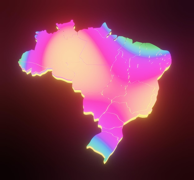 ilustración 3d abstracta del mapa de brasil con manchas de colores iluminadas sobre fondo negro