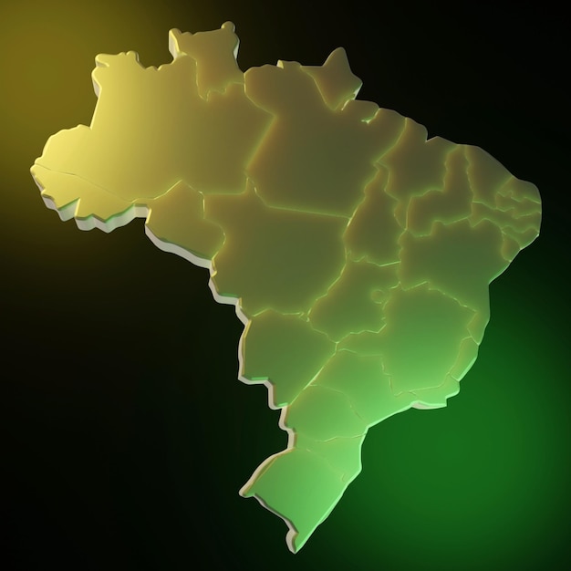 ilustración 3d abstracta del mapa de brasil en verde con reflejos luminosos amarillos y verdes en verde