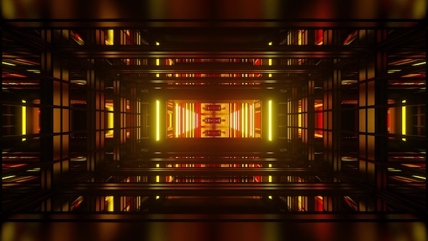 Ilustración 3d abstracta de perspectiva hecha de formas geométricas repetidas y luces amarillas y rojas brillantes