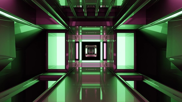 Ilustración 3D abstracta del túnel moderno 4K UHD con entrada y paredes de vidrio con iluminación verde y diseño futurista creativo
