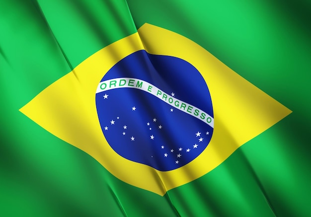 Ilustración 3d abstracto de la bandera de Brasil con ondulaciones diagonales y reflejos luminosos