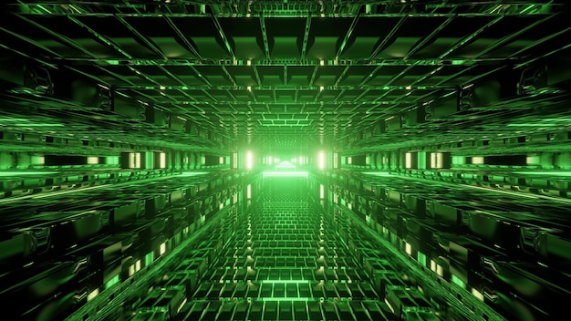 Ilustración 3D abstracto de túnel moderno simétrico iluminado con lámparas de color verde brillante