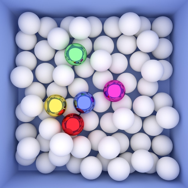 Ilustración 3d abstracto de la vista superior de cinco esferas de colores brillantes entre esferas blancas en caja azul