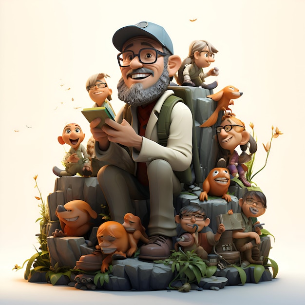 Ilustración 3D de un abuelo con un grupo de monos