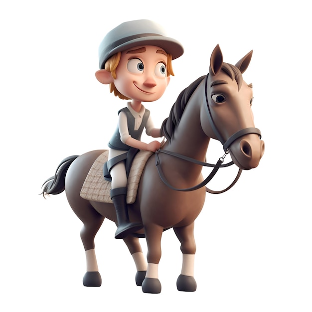 Ilustración 3D de un adolescente a caballo sobre fondo blanco.