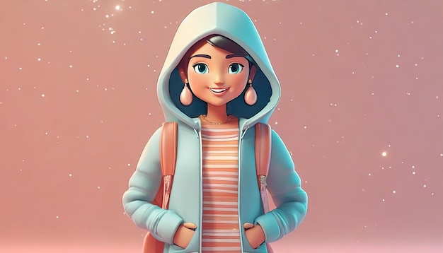 Ilustración 3D de una adolescente con una sudadera con capucha