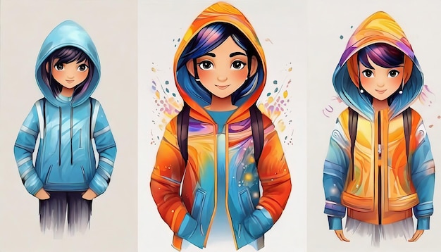 Ilustración 3D de una adolescente con una sudadera con capucha