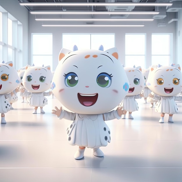 Ilustración 3d de adorables estudiantes sonrientes cantando y bailando con ojos enormes Generado por IA
