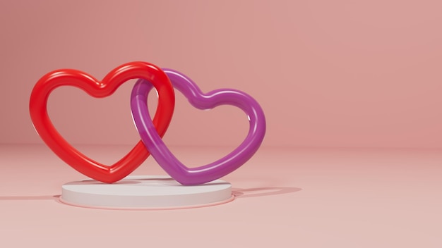 Ilustración 3d de adorno rojo y morado de dos corazones en mesa rosa y fondo rosa para romántico