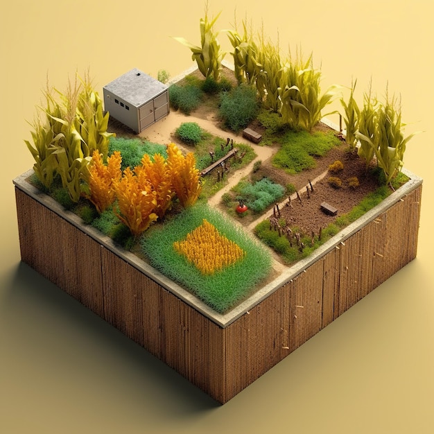 Ilustración 3D de la agricultura en el paisaje