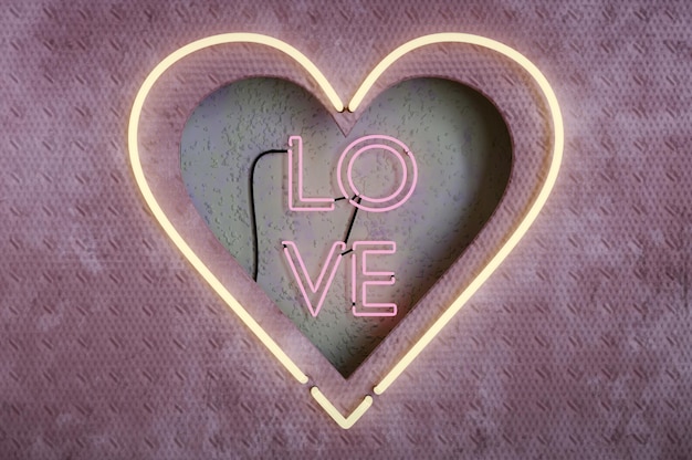 Foto ilustración 3d agujero en forma de corazón en el interior signo de amor de neón retro en la pared de cemento. concepto feliz día de san valentín.