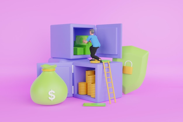 Ilustración 3d de ahorrar dinero en una caja de depósito. Concepto de representación 3D de ahorro de dinero.