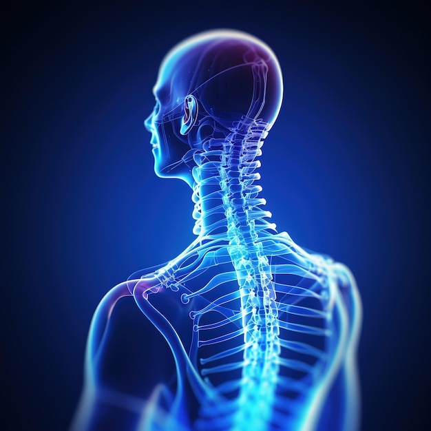 Ilustración 3D aislada de una columna vertebral humana con fondo azul