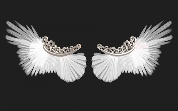Ilustración 3D Alas de ángel, plumaje de ala blanca aislado en negro con trazado de recorte.
