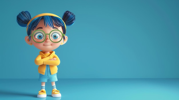 Ilustración 3D alegre de una joven con gafas, una cinta amarilla en la cabeza y un traje azul