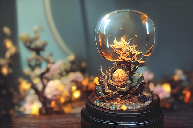 Ilustración 3D de alta resolución de papel tapiz espectral de orbe de vidrio hecho de metal dorado