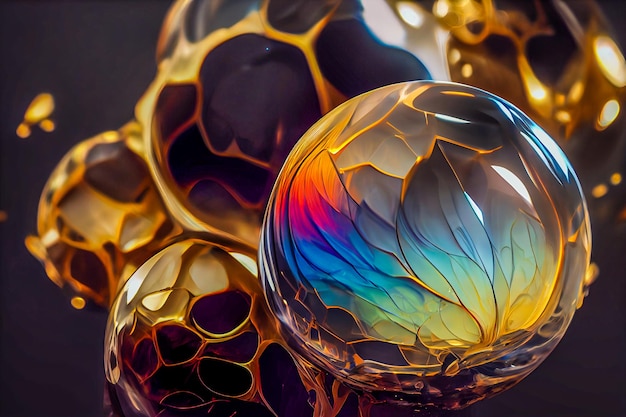 Ilustración 3D de alta resolución de papel tapiz espectral de orbe de vidrio hecho de metal dorado