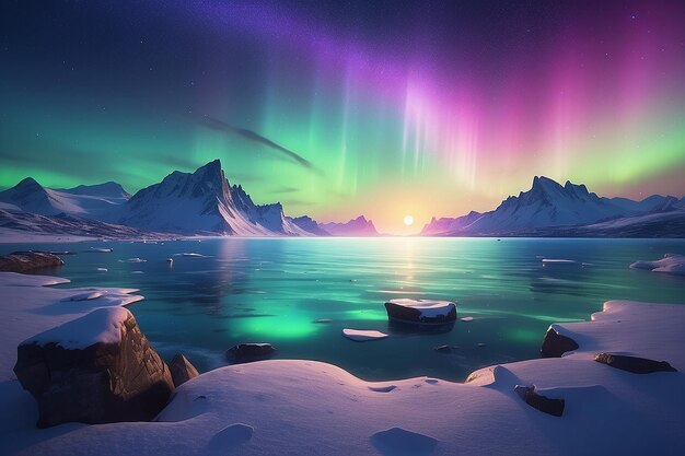 Foto ilustración en 3d del amanecer sobre el horizonte del mar tranquilo y la impresionante aurora brillando en la noche estrellada