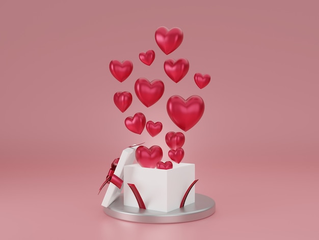 Ilustración 3D del amor y el día de San Valentín, caja de regalo blanca y corazón rojo flotan sobre fondo rosa. Representación 3D