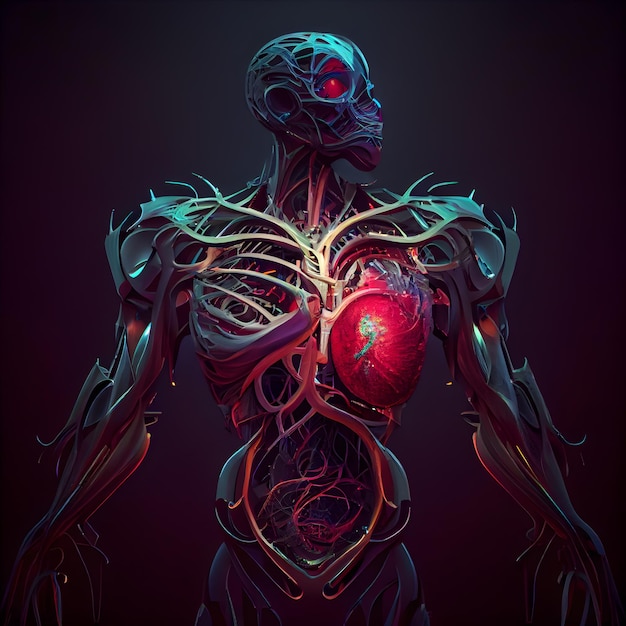 Ilustración 3D de la anatomía del corazón humano aislada sobre fondo oscuro