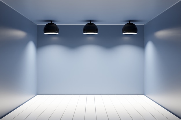 Ilustración 3d de un apartamento negro monocromo con piso de madera, paredes lisas y tres lámparas idénticas.