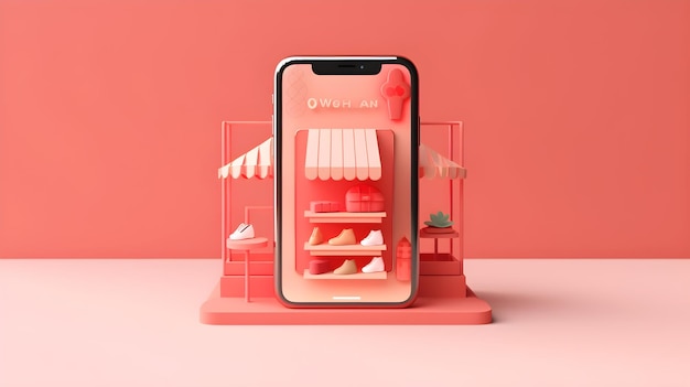 Ilustración 3d de una aplicación de tienda en línea en un teléfono inteligente