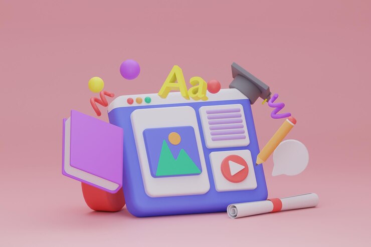 Foto ilustración 3d de aprendizaje en línea en el sitio web