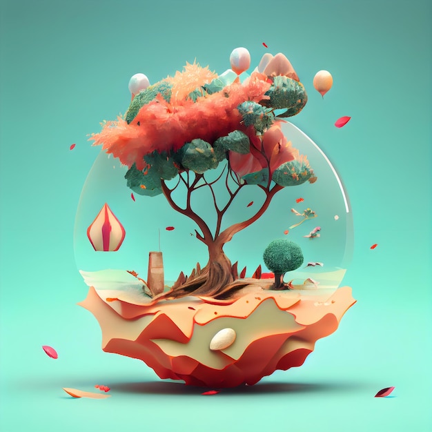 Ilustración 3d de un árbol en una bola de cristal Imagen conceptual