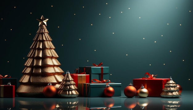 Ilustración 3D del árbol de Navidad y las cajas de regalos en fondo oscuro