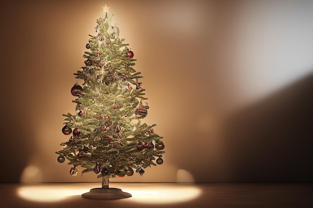 Ilustración 3d de árbol de navidad con luz bokeh en la habitación