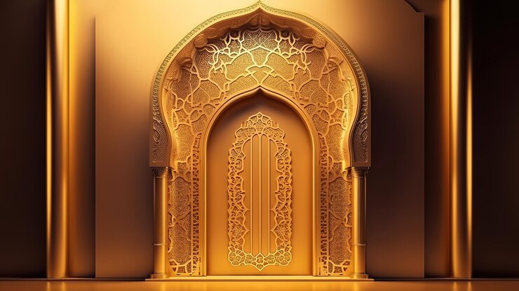 Ilustración 3d del arco dorado árabe de la forma de la arquitectura islámica para las fiestas musulmanas Ai generativo