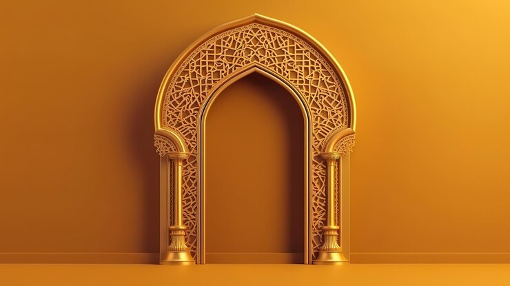 Ilustración 3d del arco dorado árabe de la forma de la arquitectura islámica para las fiestas musulmanas Ai generativo
