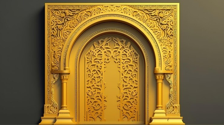 Ilustración 3d del arco dorado árabe de la forma de la arquitectura islámica para las fiestas musulmanas Ai generativo