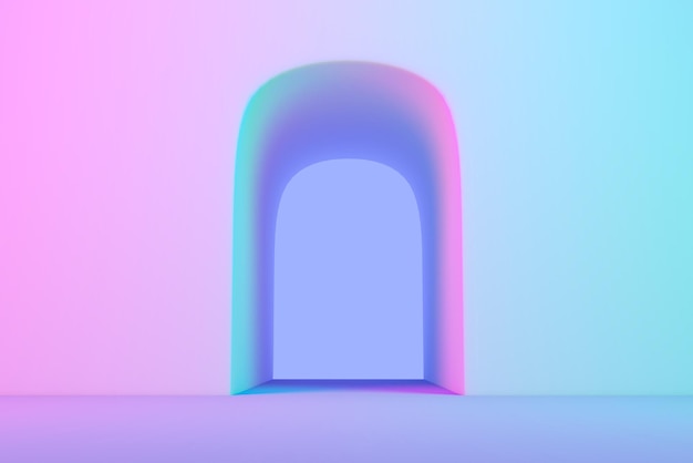 Ilustración 3d de arco en rosa neón y fondo de iluminación púrpura con lugar para el producto